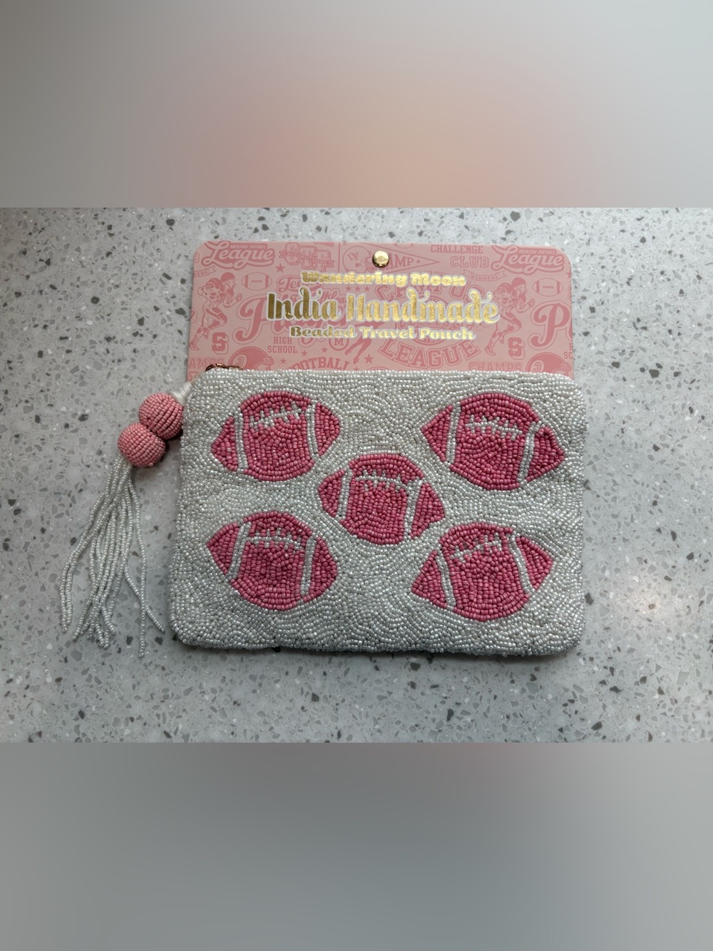NWT Wandering Moon Beaded Pink Football Clutch Pouch/Travel Pouch